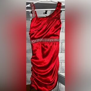 B. Darlin Embellished One-Shoulder Mini Dress Red Satin Ruched 7/8 (Juniors)